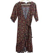 Silk & Salt Boho Wrap Dress Fan Print Midi Ruffle V Neck Short Sleeve S