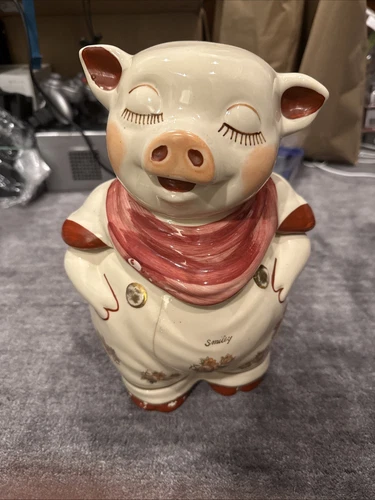 VTG 1940s Berry Smiley U.S.A. Pig Cookie Jar Hand Painted Flower W/ Gold Trim