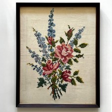 Vtg 1940s Cross Stitch Needlework Floral Bouquet Framed 16x20 Pink Blue Green