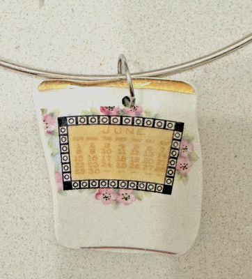 Handcrafted Broken China Pendant Necklace - Calendar - JUNE - Pink Flowers