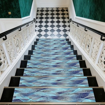 A Stair Mat with a Blue-Gray Intertwined Flowing Pattern, Is Soft And Durable,