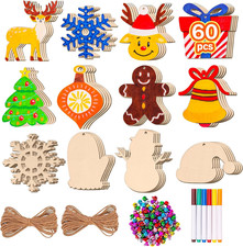 60Pcs Christmas Wooden Ornaments Unfinished Predrilled Wood Slices Circles for C