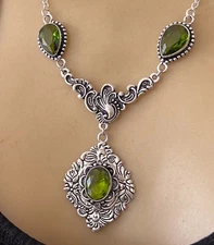 Victorian Revival Necklace Peridot Green Rhinestones 4Pc Floral Pendant