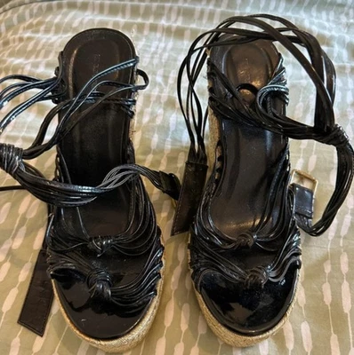 Women’s Black/Beige Strappy Lace Up Espadrille Wedge Sandals Open Toe UK 5 - Image 1 of 3