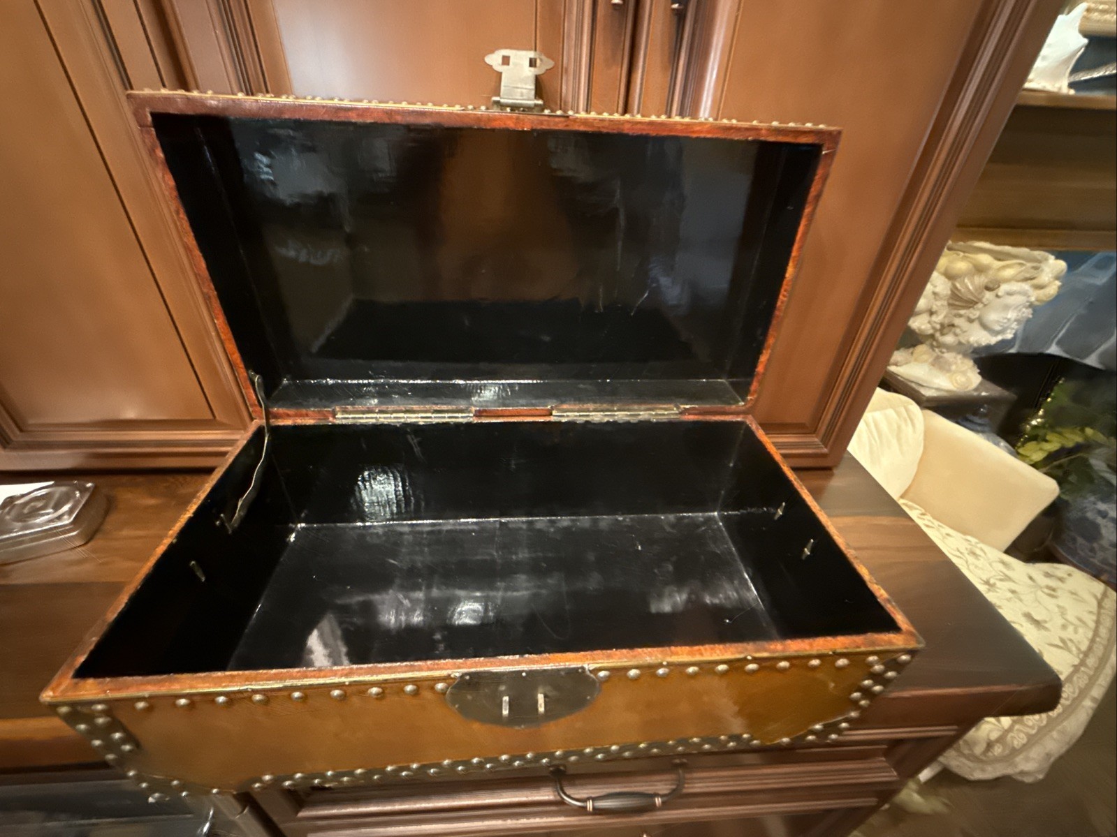 Vintage Faux Brown Camel Leather Trunk Chest Sudden Metal Corners 