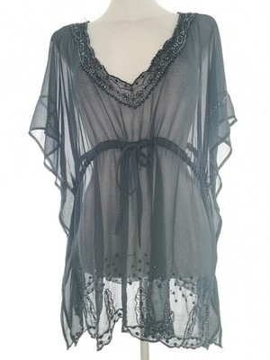 PROMOD Damen Tunika Bluse Gr. 36 Marineblau Kurzer Ärmel Stickerei Einfarbig