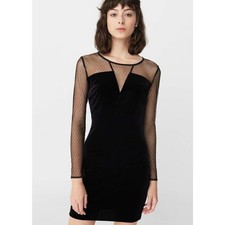 Mango Black Velvet Mini Dress Sheer Dobby Mesh Back Long Sleeve Bodycon Small