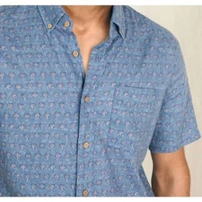 FAHERTY Shirt Mens Medium Blue Button Up Pocket Linen Breeze Paradise Palm $148