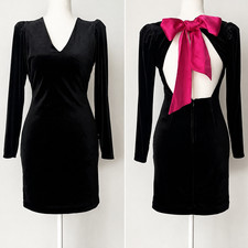 Express Little Black Velour Mini Dress LBD XS Low Back Pink Bow Bodycon Sexy