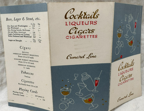 1959 Cunard Line QUEEN MARY Cocktails Liqueurs Cigarettes price list menu Litho