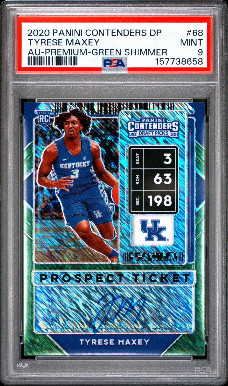2020 Panini Contenders Draft Picks Tyrese Maxey Green Shimmer Rookie Auto PSA 9 view 1