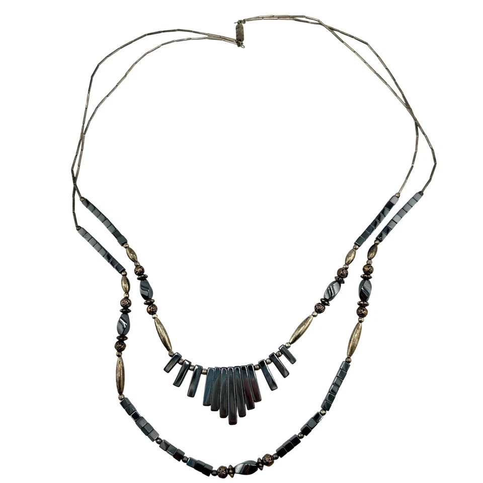Vintage Gray Hematite Beaded Double Strand Fringe Silver Tone 26" Necklace - Image 4 of 4