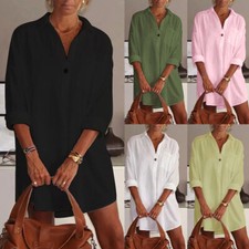 Summer Women Buttons Long Sleeve Shirt Dress New Loose Casual Blouse Mini Dress