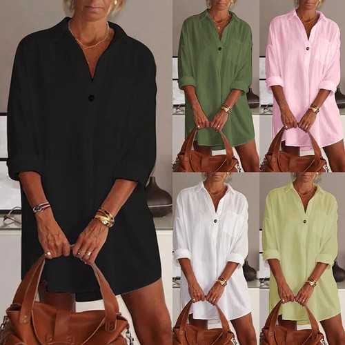 Summer Women Buttons Long Sleeve Shirt Dress New Loose Casual Blouse Mini Dress