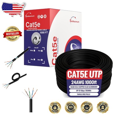 Premium 1000ft Cat5e Ethernet Cable - Unshielded 24AWG for Seamless Connectivity