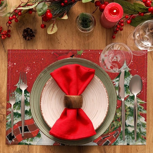 Red Snowman Merry Christmas Placemats Set Of 4 12x18 Inches Winter Xmas Birds Ta - Picture 2 of 3