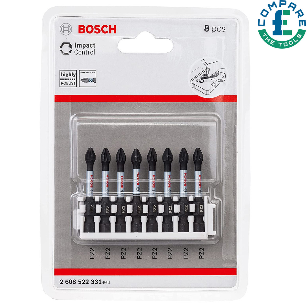 Bosch 2608522331 8 Pcs Impact Control Pick & Click PZ2 Screwdriver Bit Set 50mm
