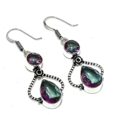 Mystic Topaz Quartz Gemstone Handmade 925 Sterling Silver Jewelry Earring Sz 2''