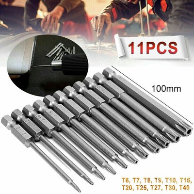 11pcs Torx Bit Set 100mm 1/4'' LONG HOLE T6 T7 T8 T9 T10 T15 T20 T25 T27 T30 T40-