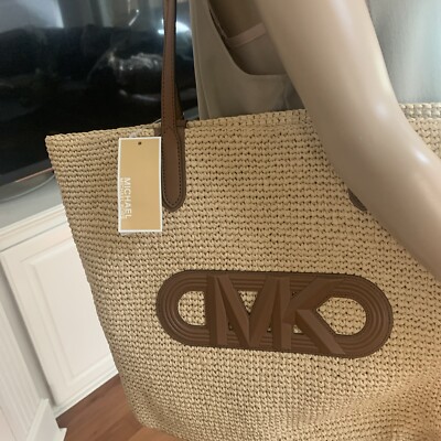 NWT Michael Kors Eliza Extra-Large Empire Logo Straw Tote