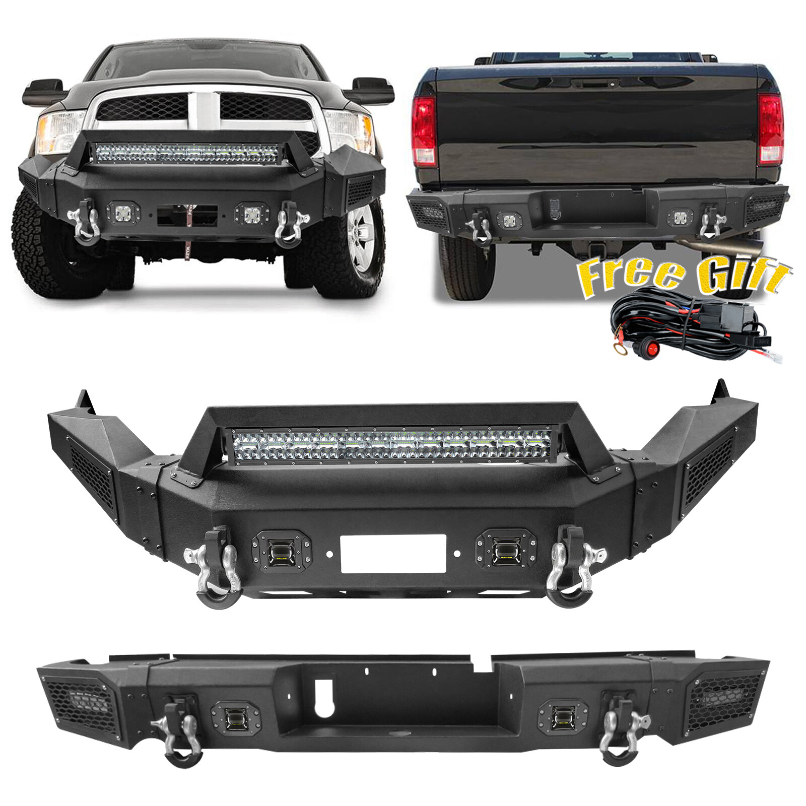 Front /Rear Bumper with LED Lights Assembly For 2013-2018 Dodge Ram 1500 +Wiring