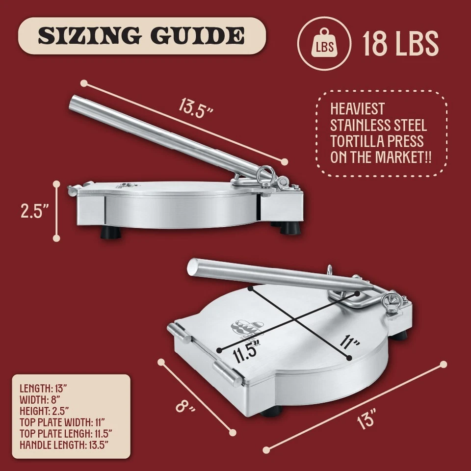 CONCORD 11 英寸不锈钢 EL JEFE 商用级玉米饼压榨机 — 第 2/4 张图片