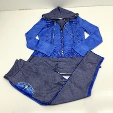 Blue & Gray Denim Design Print Hoodie & Leggings Set Women's Size Large NEW