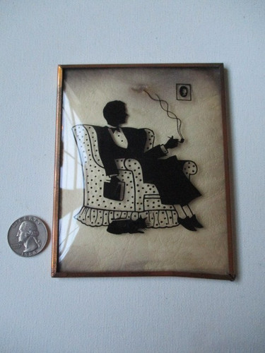 Vintage Reverse Painted Convex Glass Silhouette Man Smoking Pipe and Black Cat