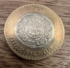 Diez Pesos 2023 Mexico Coin - Mexican 10 Peso Bimetallic Piedra Del Sol Tonatiuh