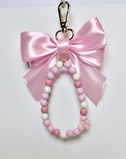 Pink White Beaded Keychain Charm Satin Bow Lobster Clasp Women s