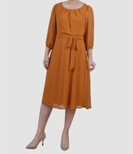 NY Collection Women's Orange Scoop Neck Clip Dot Self-Tie Dress Petite Size PM