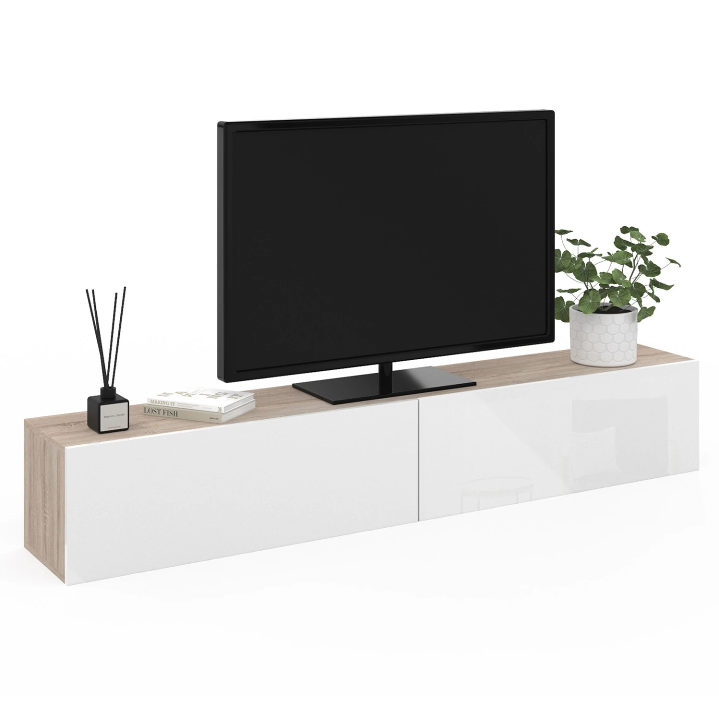 Meuble TV suspendu 180 cm ELIO bois et blanc pour salon moderne