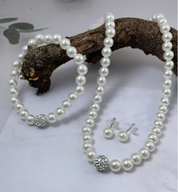 Round White Freshwater Pearl Necklace Earrings Bracelet Set Womens Pearl Jewelry - Image 2 of 4