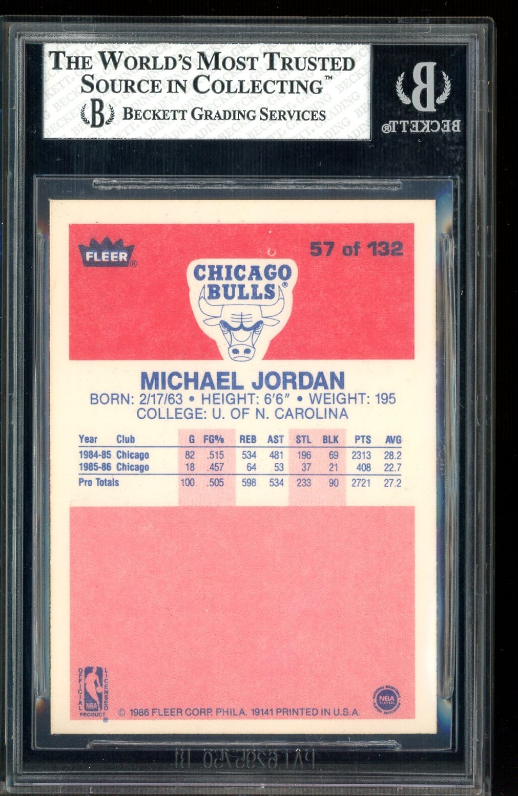 1986-87 Fleer Basketball #57 Michael Jordan RC Rookie HOF BGS 7 LOOKS NICER view 2