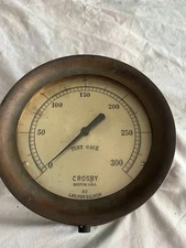 Vintage Brass 7-1/4" Crosby Boston USA 300 PSI Steam Gauge Steampunk Cool