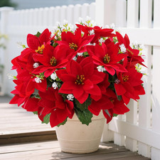 14" Poinsettias Artificial Christmas Flowers Outdoors 12 Bundles Mixed Fake Red