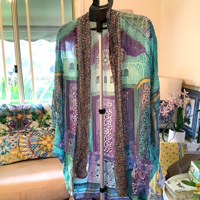 Camilla Ottoman Sky Silk Cape Jacket   One Size   Blue Turquoise Purple As New