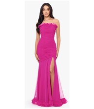 Blondie Nites Womens Ruffled Ruched Strapless Mesh Gown Dress, Pink, Juniors, 3