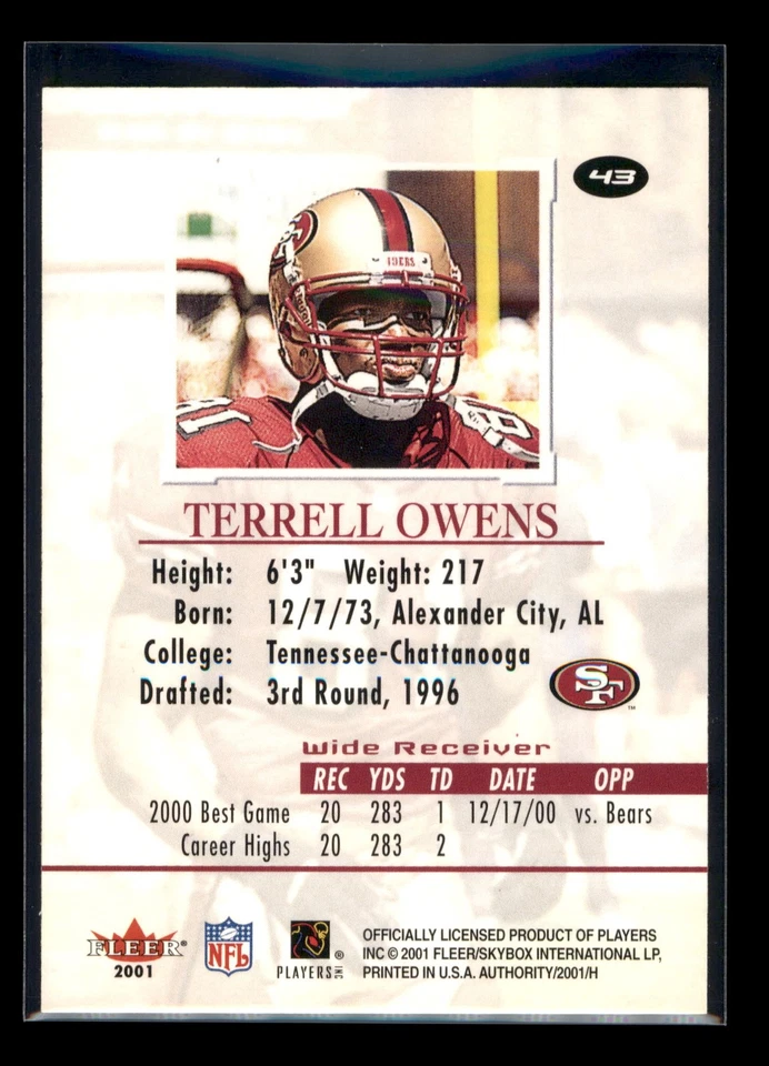 2001 Fleer Authority #43 Terrell Owens Prominence SN125 #/125 - Image 2 of 2