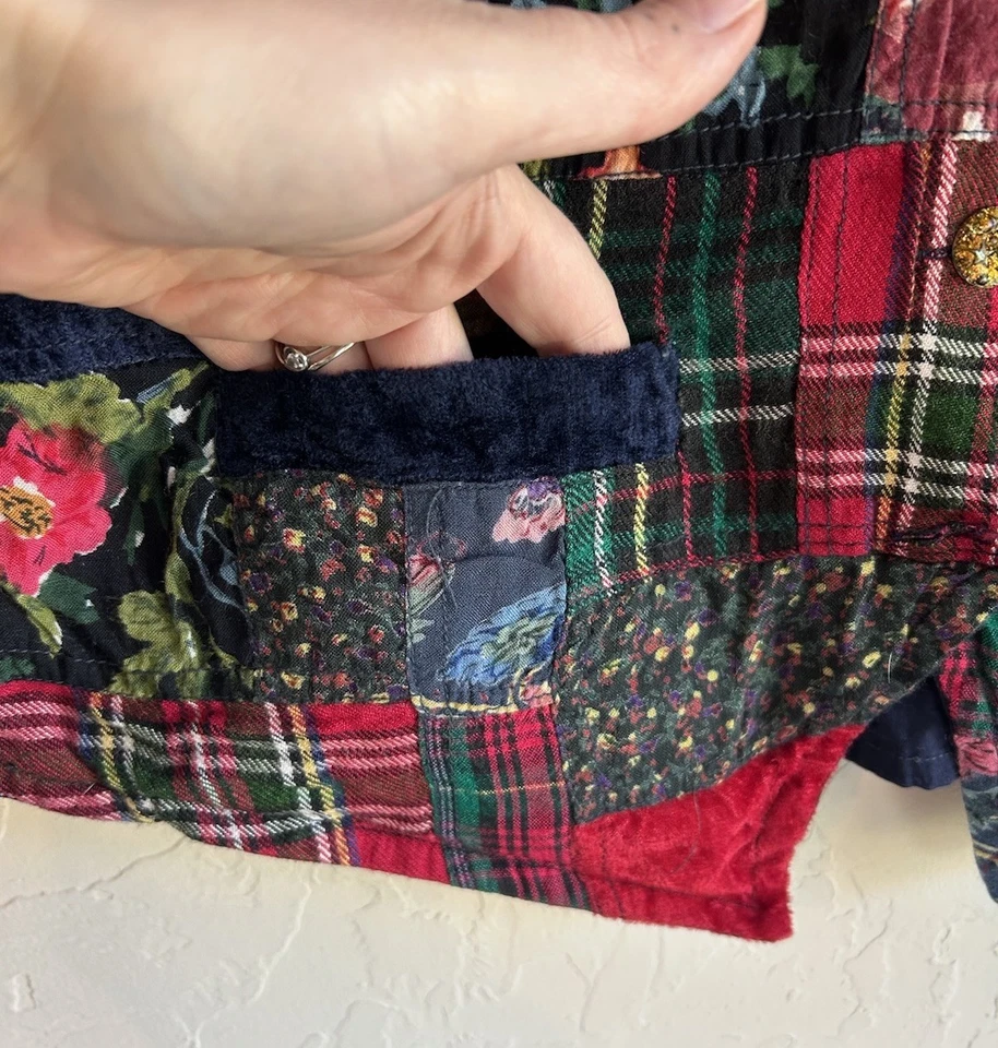 Colete Vintage Algodão Express L Patchwork Veludo Botão Xadrez Floral Grunge Boho - Imagem 3 de 4