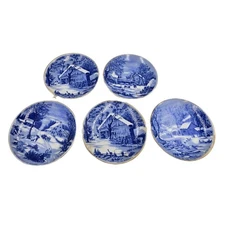 Set 5 Currier Ives Blue White Old Homestead Plates Delft Style 1950s Japan *Read