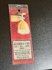 Vintage Pennsylvania Matchbook “Kramer’s Cafe - Joe Kramer” Bethlehem
