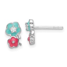Sterling Silver RH-plated CZ Enamel Flowers Children's Post Earrings