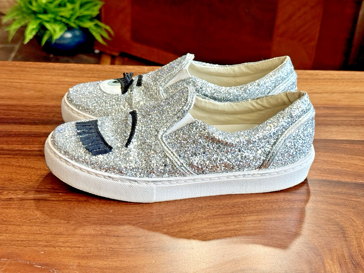 CHIARA FERRAGNI Lashes Wink Silver Glitter Slip on Shoes Sneakers EUR40 US 9-9.5 View 2