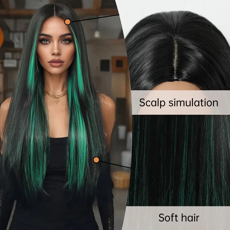 Peluca sintética recta resistente al calor Cospaly larga negra verde mezcla alta calidad Foto 2 de 4