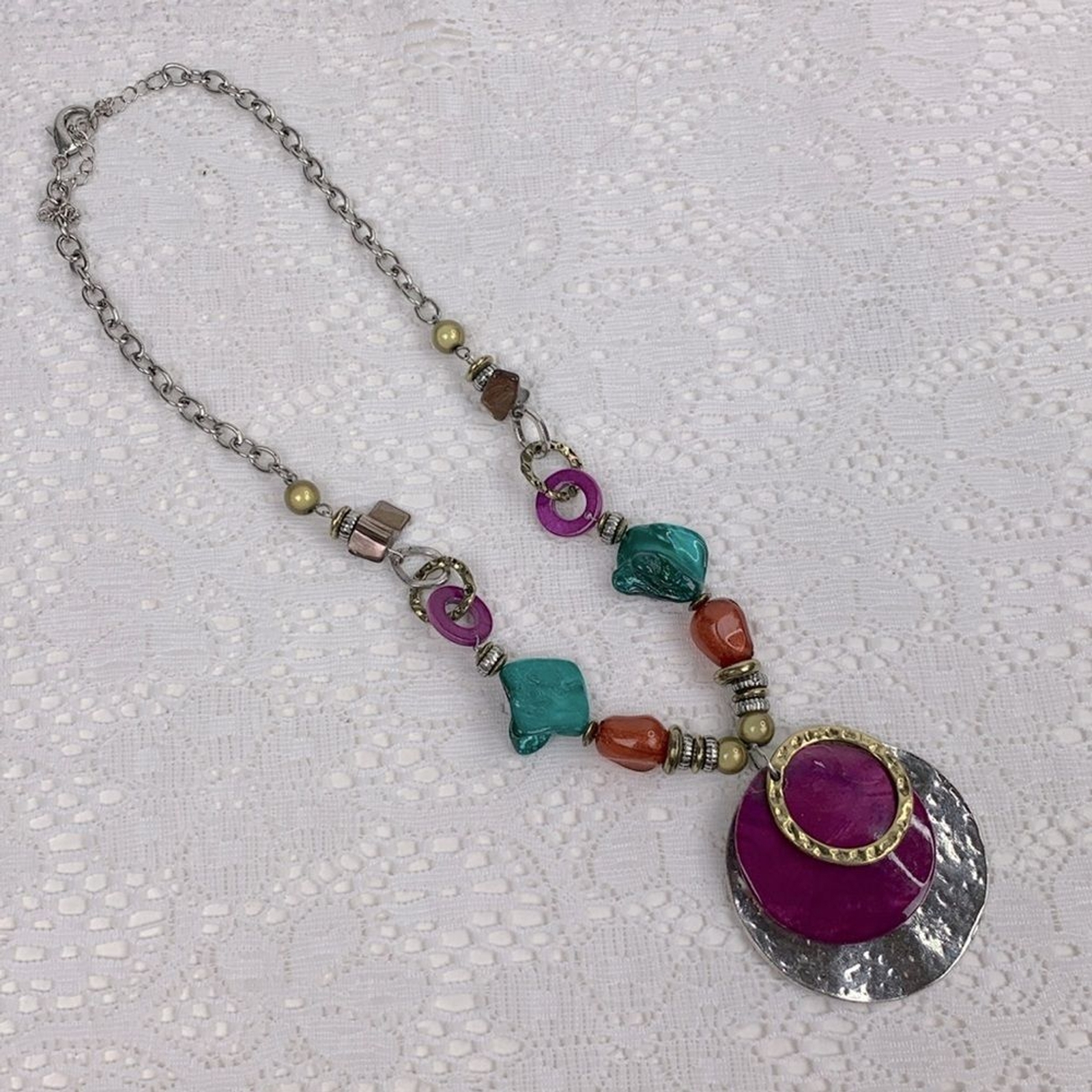 Statement Necklace Silver Chain Multicolor beads … - image 6