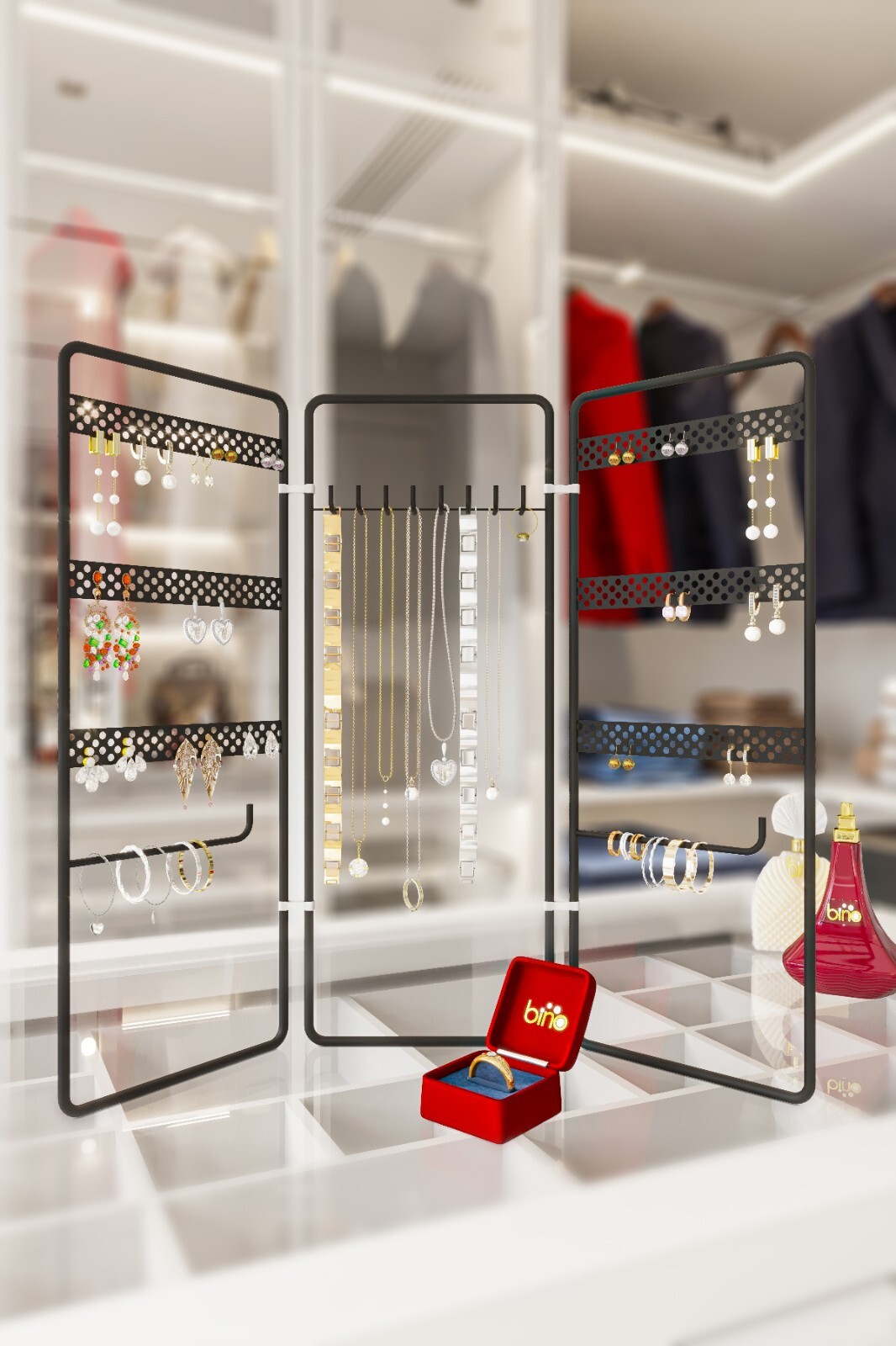 Jewelry Organizer Stand Display Foldable Holder Storage, Gold, Rings, Earrings-image