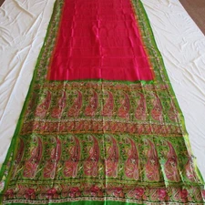 NEW PINK Green Gold PURE SILK PATOAL Sari DAZZLING FABRIC Stunning SAREE Drapes 