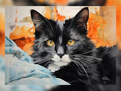 ''Anmutige Auflage: Ölgemälde Druck einer Liege schwarz-weiß Katze 5''''x7''