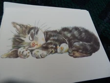 NEW Vintage Gray Tabby SLEEPING CAT Note CARD Blank  MOUSE Kristin Elliott